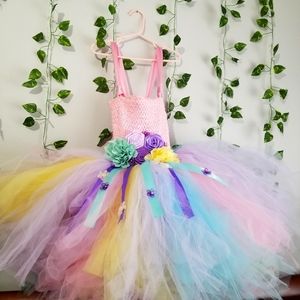 Little Girls Rainbow Flower Tutu Party Dress Tulle Hand Made